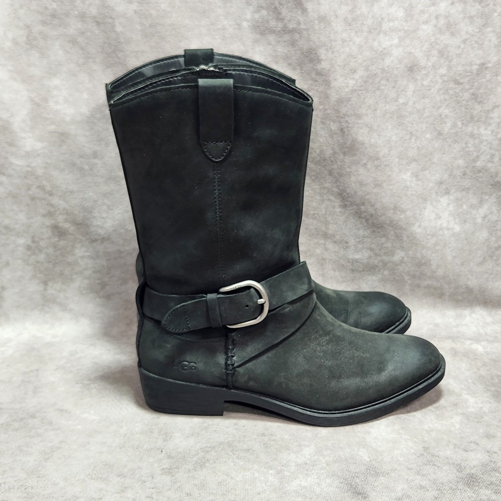 UGG Reeza Black Leather Moto Western Harness Boots Mid Calf 1114256 Size 8.5 - Picture 3 of 8